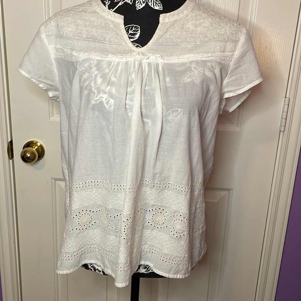 Lucky Brand Short Sleeve Split Neck Cream Multi Blouse